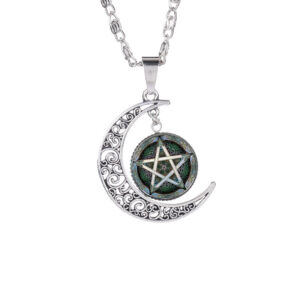 Witchcraft Pentagram Crescent Moon Gem Necklace Various Colors