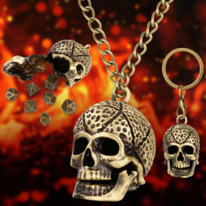 Skull Dice Box Pendant Metal Keychain, Mini Metal D&D Dice Set